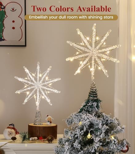 Luxspire Christmas Tree Topper, Lighted Star Tree Topper with USB Remote Control, 10"Clear Metal Christmas Decorations Lights,Light Up Xmas Tree Star Vintage Modern Ornaments for Home Party, Champagne - Image 5