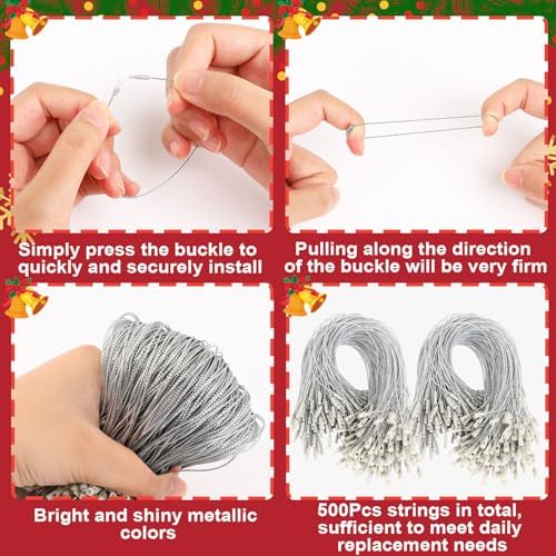 FEBSNOW 500Pcs Christmas Ornament Hangers, Silver Hanging String with Snap - Image 3