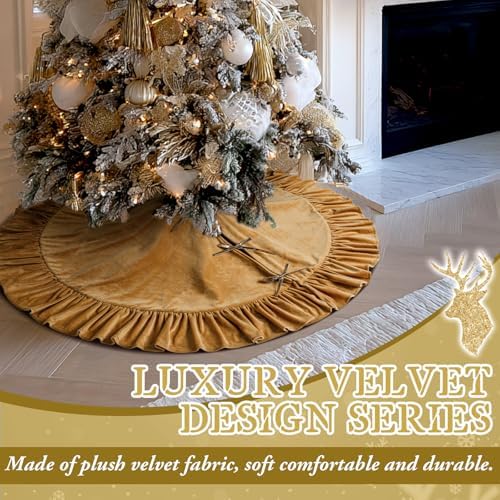 Velvet Christmas Tree Skirt, 48 Inches, Bow Style, Khaki - Image 5