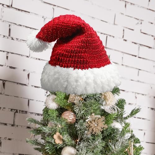 Syhood Christmas Tree Topper Red Crochet Santa Hat Farmhouse Holiday Xmas Decor for Christmas Tree Ornament Party Decoration by Syhood