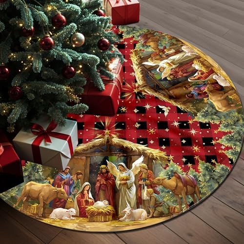 Nativity Christmas Tree Skirt 36 Inch, Christmas Skirt Tree Decoration with Buffalo Plaid Nativity, Christmas Trees Mat for Under Trees Holiday Party Indoor Decorations, Winter Gift for Women by HEIFAM