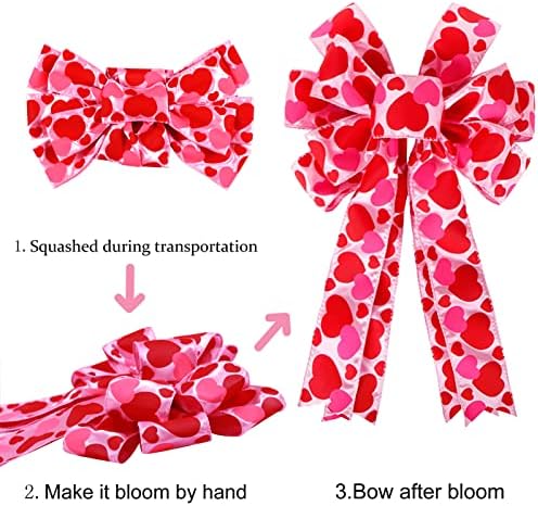 Valentine Tree Topper Bow with Heart Decorations, 11.4?€?x19.6?€? Large Red Pink Valentines Wreath Bow Decor for Valentine's Day Wedding Holiday Party Wall Home Front Door Decorative - Image 4