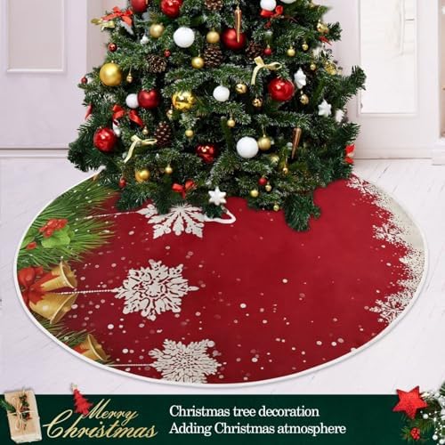 Bells Snowflake Red Christmas Tree Skirt Large Xmas Tree Skirts Decorations 48 in Burlap Tree Mat Cover for 4 ft Trees Holiday Party - Image 2
