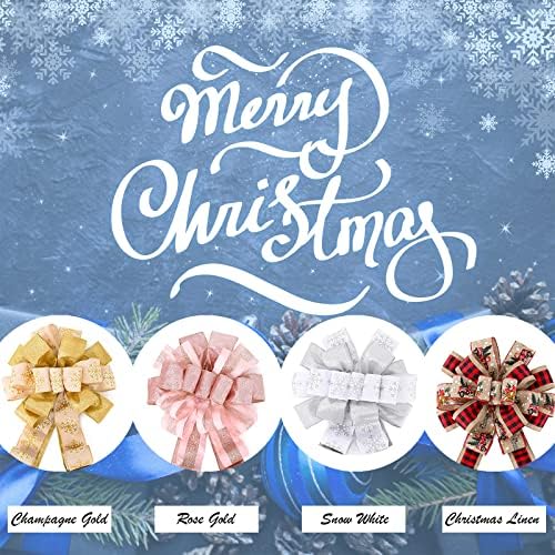Christmas Tree Topper, 40x13 Inches Toppers Bow with Glitter Satin Mesh Streamer and Patterned Ribbon, Christmas Tree Topper Bow for Christmas Home Decoration (Rose Gold) - Image 3