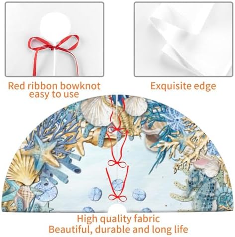 Shell Coastal Beach Starfish Sea Seahorses Christmas Tree Skirt - Plush Polyester Mat Resistant with 3 Red Ties for Xmas, Halloween Decorations, Party Decor 30" - Image 4
