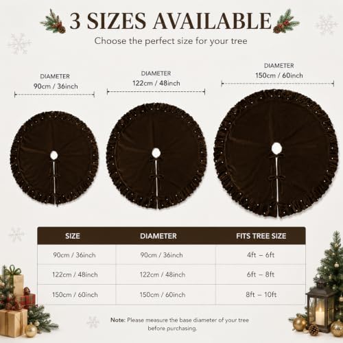Christmas Tree Skirt, Dark Brown Velvet with Ruffled Pearl Trim, 48 Inch - Image 4