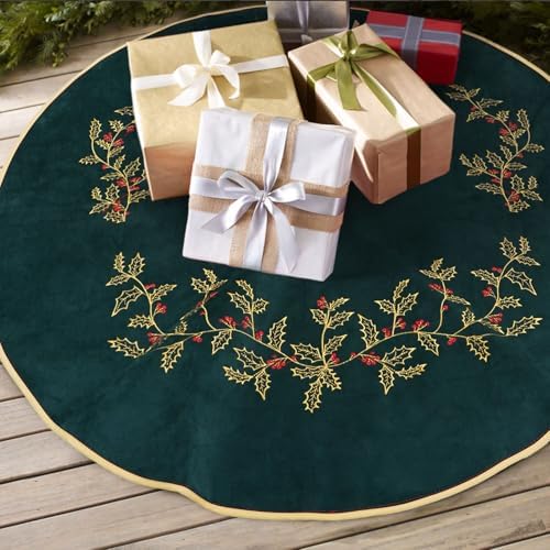 Green Christmas Tree Skirt Velvet 48 inch，Large Embroidered Vintage Dark Green Tree Skirt, Elegant Fur Plush Xmas Tree Skirts for Merry Christmas Party Xmas Tree Decorations - Image 4
