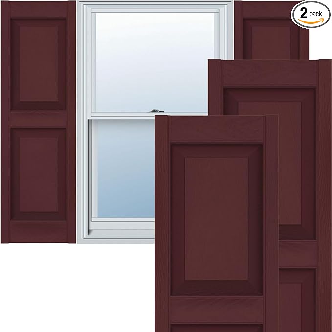 12"W x 63"H Lifetime Vinyl, Standard Two Equal Panels, Raised Panel Shutters, w/Installation Shutter-Lok's & Matching Screws (Per Pair), Bordeaux