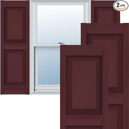 12"W x 63"H Lifetime Vinyl, Standard Two Equal Panels, Raised Panel Shutters, w/Installation Shutter-Lok's & Matching Screws (Per Pair), Bordeaux
