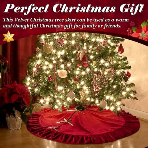 Velvet Christmas Tree Skirt, 48 Inches, Bow Style, Red - Image 4
