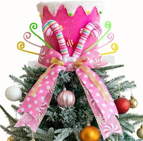 Christmas Tree Topper Hat, Candy Canes Tree Topper, Pink Tree Topper Christmas Decorations with Bow Ribbon Christmas Tree Ornaments for Home Decor by MOSHAKALA