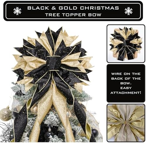 Hismir Large Christmas Tree Topper Bow，Black & Gold 53x13 Inches - Image 2