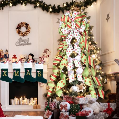 Christmas Tree Topper Wreath Bow Large Green Christmas Bow Tree Topper, 45"x13" Red Green Dot Polyester Gift Ribbon for Xmas Ornament Holiday Home Wedding Thanksgiving Indoor/Outdoor Decoration - Image 7