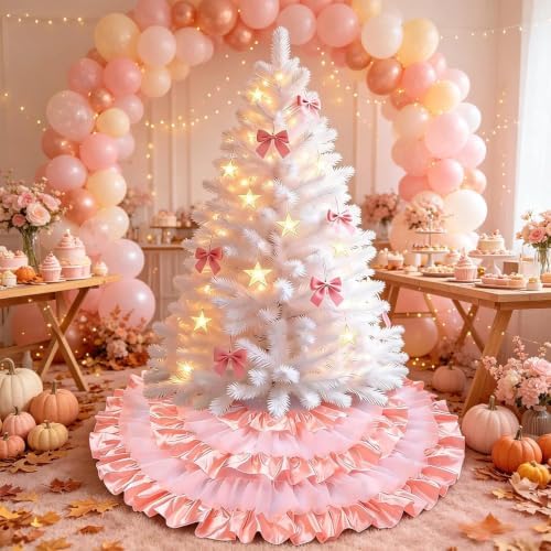 yuboo 48 Inch Pink Ruffle Tree Skirt for Fall Decorations, Pastel Tree Skirt for Wedding, White & Pink Layered Skirt for Artificial Trees, Seasonal Home Decor by yuboohomedecorations