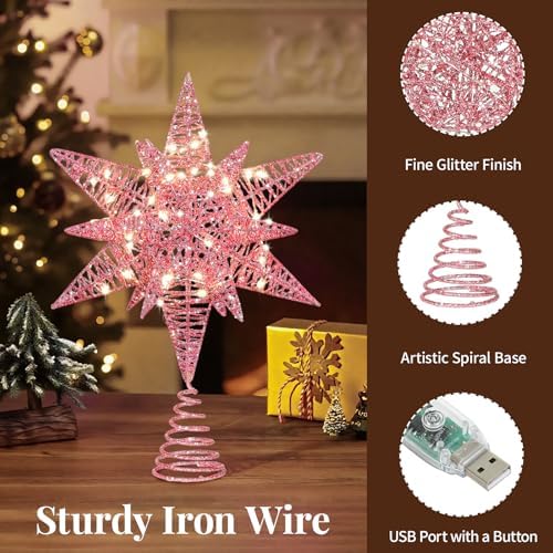 Lewondr Christmas Star Tree Topper, 14.6" Lighted Glitter 3D Star Treetop - Image 3