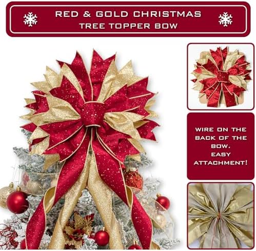 Hismir Large Christmas Tree Topper Bow，Red & Gold 53x13 Inches - Image 2