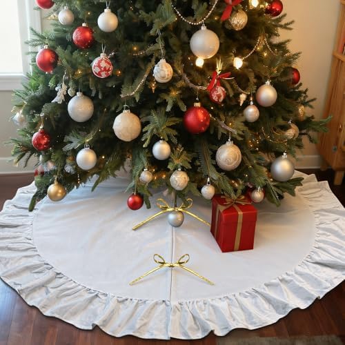 48 Inches Velvet Christmas Tree Skirt Decorations Cream White Luxury Xmas Fur Plush Skirts for Merry Christmas Party Rustic Vintage Holiday Home Winter by QIJISTORM