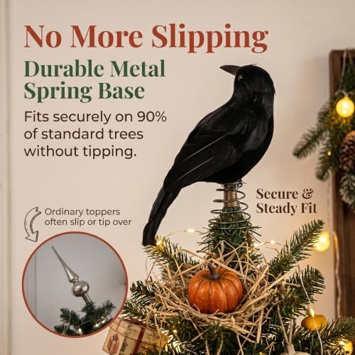 Halloween Black Crow Tree Topper Gothic Black Feathered Crow Christmas Tree Topper Raven Tree Top Ornament with Spring Base for Spooky Halloween Christmas Decor, 10 Inches - Image 4