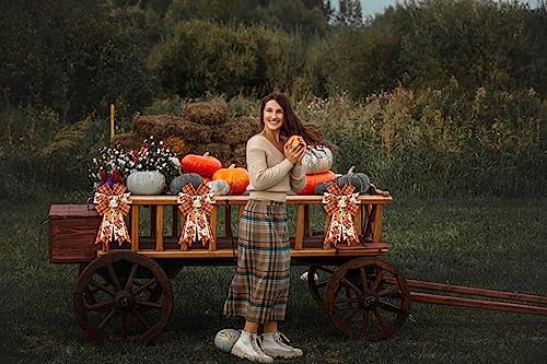 2PCS Fall Wreath Bows Thanksgiving Bows Pumpkin Stem Orange Buffalo Plaid Burlap Linen Bow for Wreath, Autumn Ribbon Bows for Thanksgiving Party Home Indoor Outdoor Decoration Wreath Ornament Supplies - Image 5