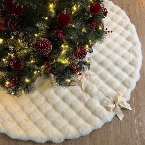 60-Inch Puff Quilt Faux Fur Christmas Tree Skirt, Soft Plush Tufted Texture with Satin Ribbon Ties, Cream - Image 4