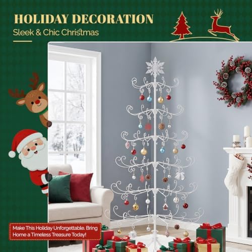 VINGLI 6ft Metal Christmas Ornament Tree Stand, Decorative Iron Display Tree w/ 192 Branches, Snowflake Topper, Ornament Display for Hanging Balls, Wrought Iron Xmas Tree Holiday Decorations, White - Image 6