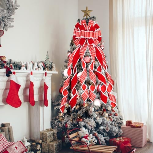 Christmas Tree Topper Wreath Bow Large Red Christmas Bow Tree Topper, Burlap with White Polyester Edge Gift Bows for Xmas Ornament Holiday Home Thanksgiving Indoor/Outdoor Decor 45x13 Inches - Image 6