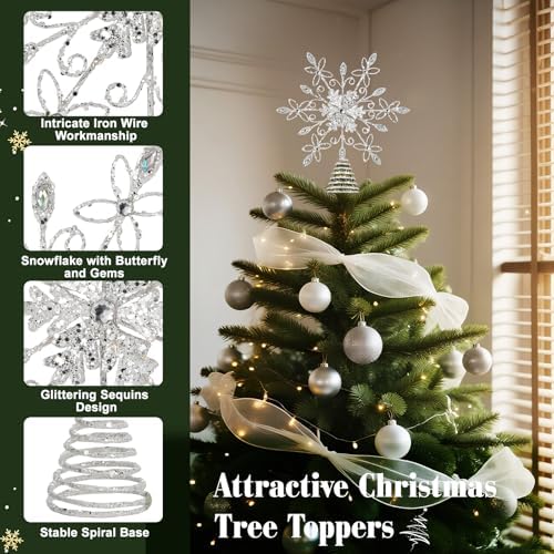 Lewondr Christmas Snowflake Tree Topper with Lights and Gem, White - Image 4