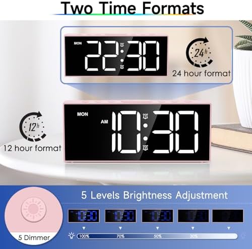 Digital Alarm Clocks,Large Big Numbers Cute clocks for Bedrooms,college dormitories,Teens,Modern D??cor Plug in Clock with USB Charger Port Adjustable 3-Levels volume,5 Dimmers,Battery Backup (Pink) - Image 5