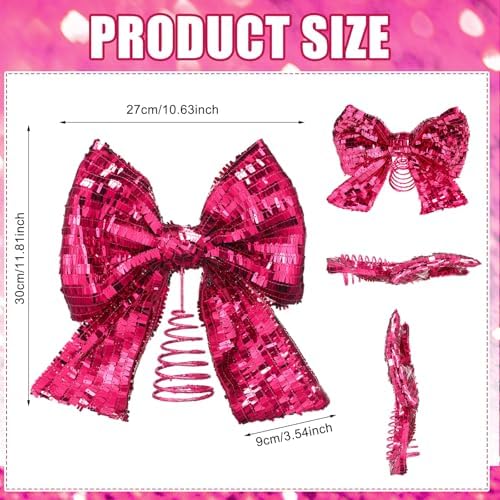 Demissle 10 x 12 Inch Sequin Hot Pink Bow Tree Topper Hot Pink Bow Glitter Christmas Tree Topper Christmas Holiday Decoration for Coquette Themed Xmas Home Decor - Image 3