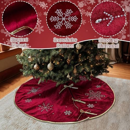 Burgundy Velvet Tree Skirt 48 Inch, Gold Snowflake Rhinestone - Image 7