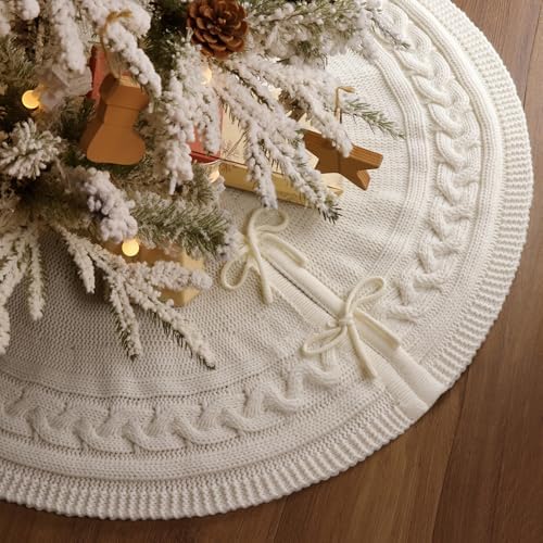 Christmas Tree Skirt 36 Inches: Braided Cable Knit Round Cream White Tree Skirt, Thick Rustic Christmas Tree Decorations Neutral Christmas Decor Christmas Tree Skirts for Xmas Home Party Supplies by MelonBoat