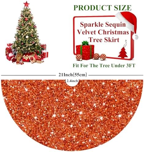Orange Christmas Tree Skirt 21 Inch Fall Tree Skirt Sequin Velvet Tree Skirt Mini Xmas Tree Skirts Halloween Tree Decoration Glitter Christmas Tree Cover Skirt Mat for Holiday Christmas Tree Ornaments - Image 4