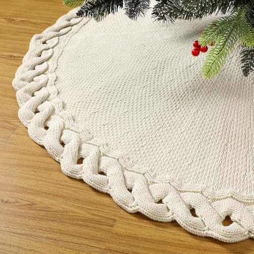 Sattiyrch Knit Christmas Tree Skirt – Classic Cable Knit Tree Base Wrap with Tie Closure – Cozy Holiday Décor for 7–9 ft Christmas Tree (Beige,48in) by Sattiyrch