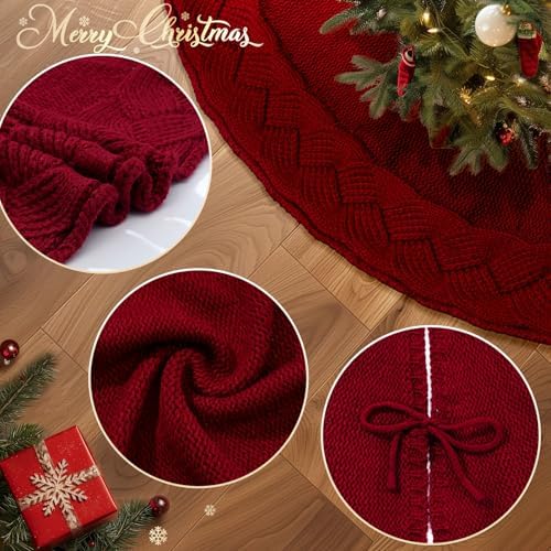 NIBESSER Knit Tree Skirt Red 48" Christmas Tree Skirt Red Knitted Tree Skirt Mat for Christmas Decorations Yarn Thick Rustic Cable Knit Tree Mat for Home Party Holiday Ornaments - Image 2