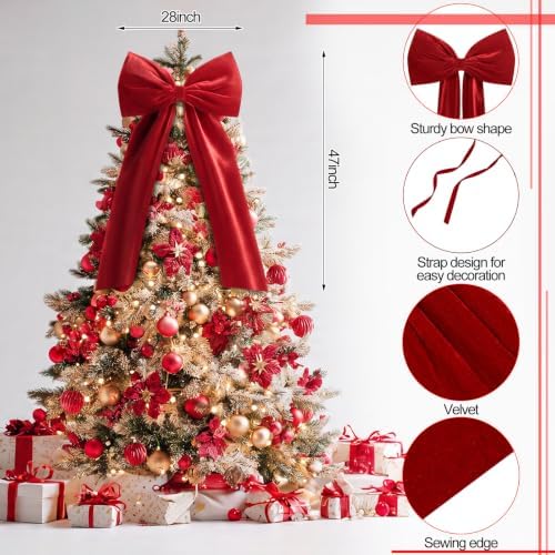 Knitgrip Extra Large Velvet Christmas Tree Topper Bow, Red, 47 Inch - Image 2