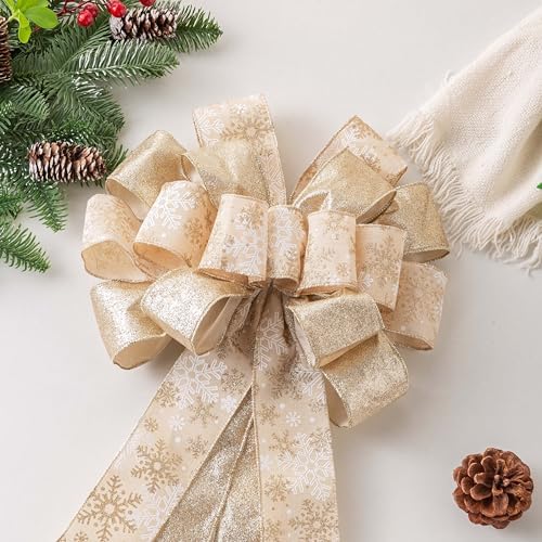 Christmas Tree Topper, 40x13 Inches Toppers Bow with Glitter Satin Mesh Streamer and Patterned Ribbon, Christmas Tree Topper Bow for Christmas Home Decoration (Champagne Gold) - Image 3