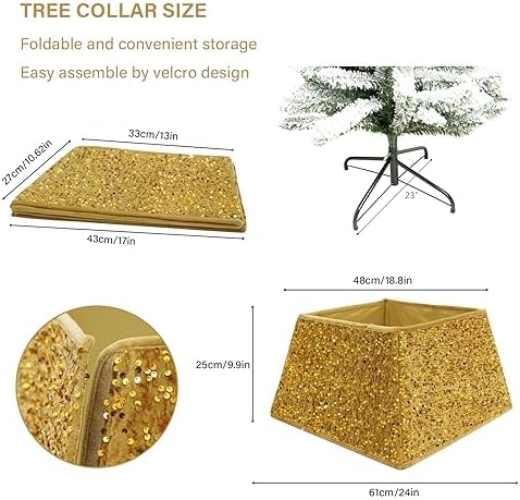 Gold Christmas Tree Collars for Atificial Trees, 24 Inch Sparkling Sequins Christmas Skirt, Base Cover,Holiday Home Decor Ring(Medium) - Image 3