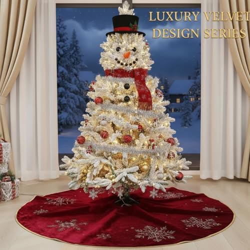 Burgundy Velvet Tree Skirt 60 Inch, Gold Snowflake Rhinestone - Image 3