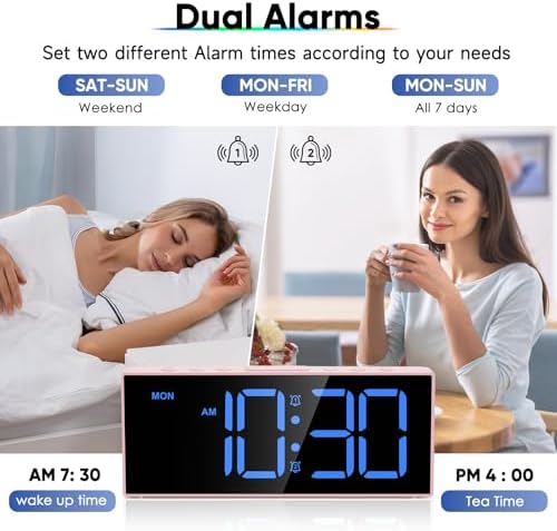 Digital Alarm Clocks,Large Big Numbers Cute clocks for Bedrooms,college dormitories,Teens,Modern D??cor Plug in Clock with USB Charger Port Adjustable 3-Levels volume,5 Dimmers,Battery Backup (Pink) - Image 2