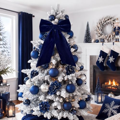 HunnmingRe Large Navy Blue Velvet Bow Christmas Tree Topper 30 Inches - Image 3