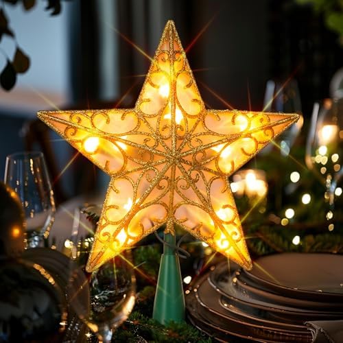 Dazzle Bright 11'' Star Tree Topper, Glitter Christmas Tree Top with 10 Lights, Xmas Tree Decoration (Gold) - Image 3