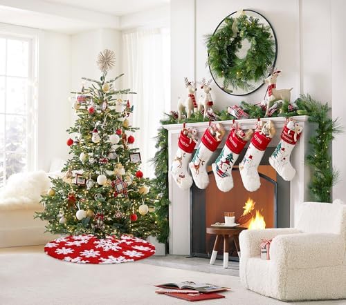 Snowflakes Christmas Tree Skirts 48 inch Large Red Tree Skirt Xmas Tree Skirt Xmas Trees Round Mat for New Year Holiday Party Christmas Luxury Tree Ornaments - Image 3