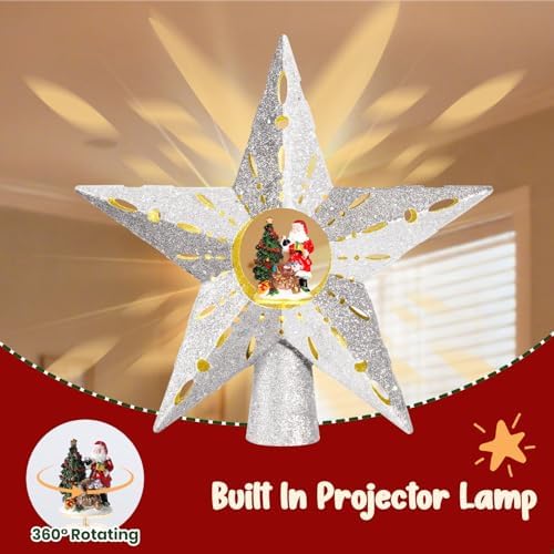Silver Rotating Christmas Tree Topper Star with Santa Scene, 4 Warm Yellow LED Lights, Spinning Motion, Glitter Silver Finish, Tree Decoration with 9.8FT Power Cord for Holiday Home Decor - Image 4
