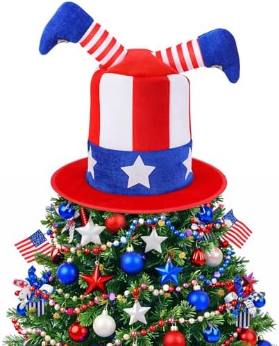 codree 4th of July Patriotic Tree Topper Hat, Independence Day Elf Top Hat Trees Decoration, Red White Blue Velvet Hat Tree Topper for Memorial Day 250th Anniversary Home Party Decor by codree