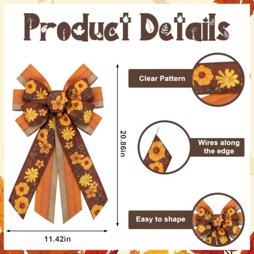 Large Thanksgiving Fall Wreath Bow, Orange Floral Tree Topper Bows - Image 2