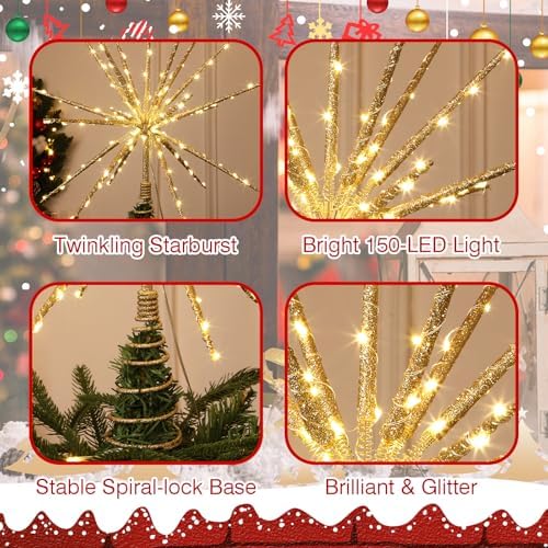 HMASYO 15 Inch Twinkling Starburst Christmas Tree Star Topper, 19-Point Gold Star Tree Topper with 150 LED, Remote Control & Timer, USB Power for Indoor Home Holiday Party Xmas Tree Decoration - Image 5