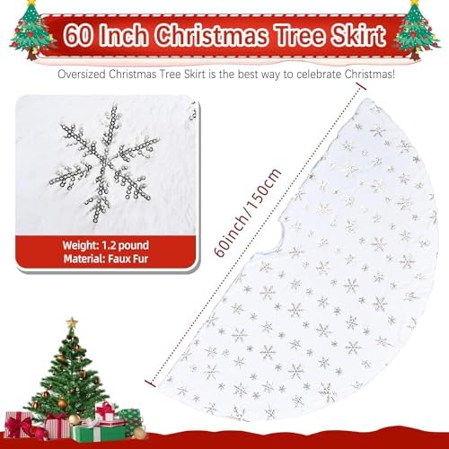 Christmas Tree Skirts 60 Inches, White Faux Fur Christmas Tree Skirt with Silver Sequin Snowflakes, Extra Large Plush Tree Skirts for Xmas Holiday Party Decorations. - Image 3