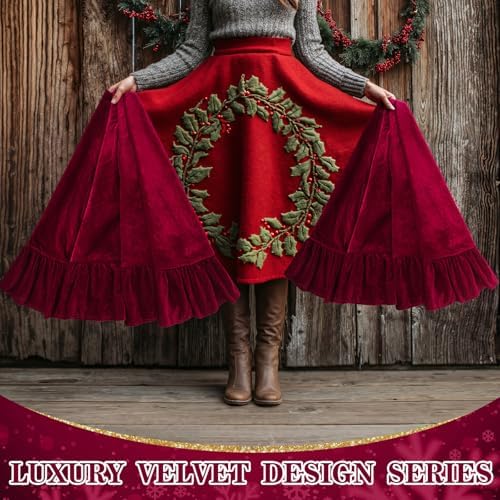 Velvet Christmas Tree Skirt, 72 Inches, Bow Style, Red - Image 6