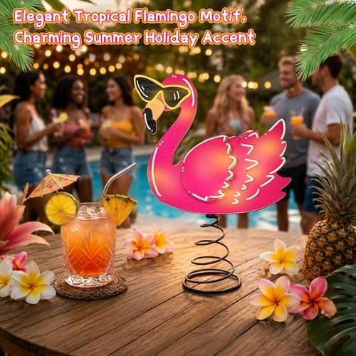 10 x 7.7 Inch Wooden Pink Flamingo Lighted Summer Tree Topper - Image 4