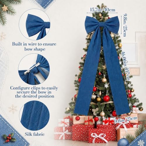 Soulchen 16 x 46 Inch Blue Denim Christmas Tree Topper Extra Large Christmas Bow Giant Coquette Bow Gift Decor for Xmas Tree Wreath Wall Birthday Wedding Holiday Party Decorations - Image 4